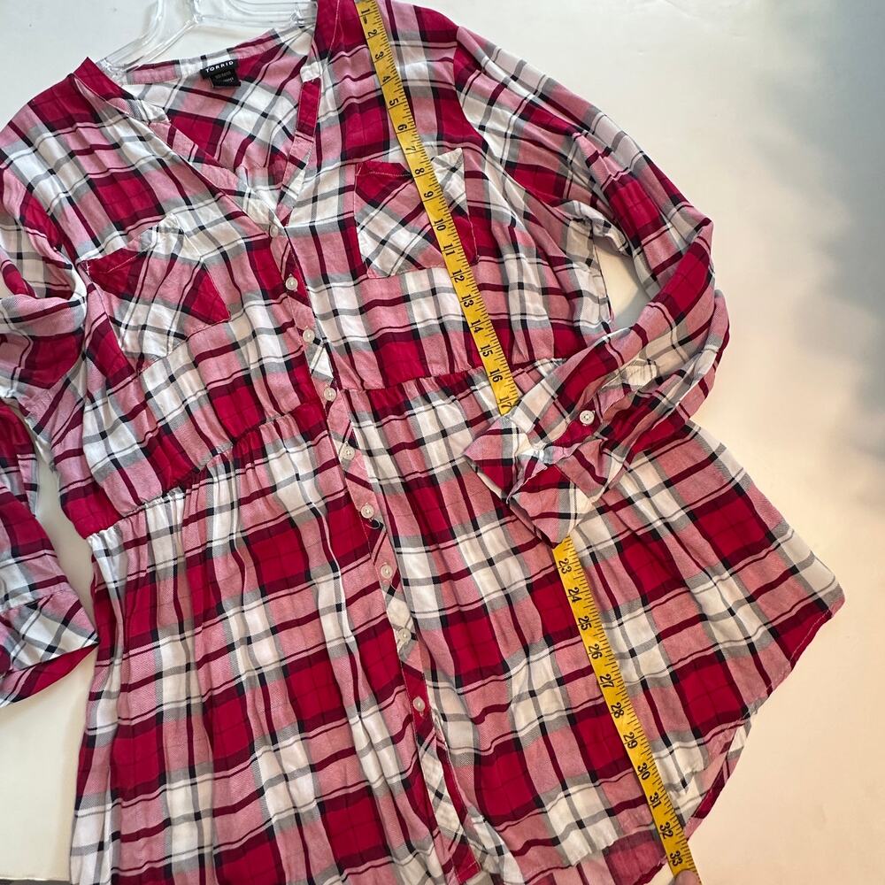 Torrid Emma Tunic Womens 3X Red Pink Plaid Babydoll Challis Button-Front Top - Picture 9 of 10